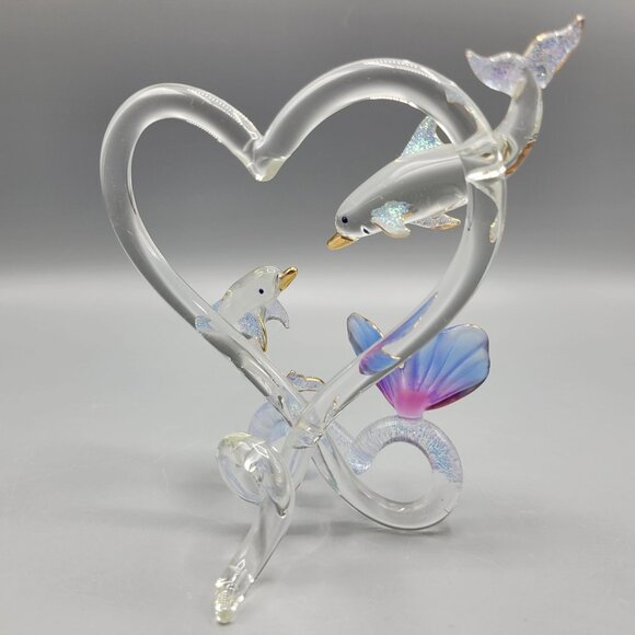 Handcrafted Glass Dolphin Figurine Sparkly Flower Accent Love Valentine Gift - Picture 3 of 10